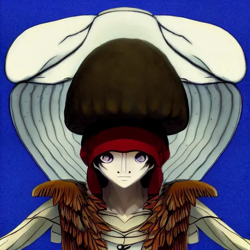 Image similar to 4K headshot of mothman with a mushroom hat and rouch clothes with giant wings , intricate face , flawless anime cel animation by Manabu Oshashi and Satoshi Kon, professionally post-processed , beautiful, scary, symmetry accurate features, epic, octane rendered, anime masterpiece, accurate