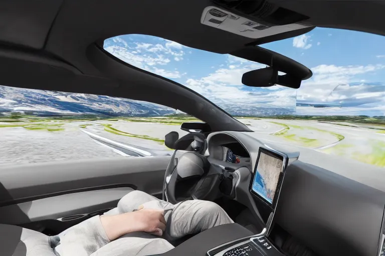 Image similar to a high-detailed picture from the inside of a driving autonomous car without people driving in a city, 8k, photo-realistic, published in a scientific journal