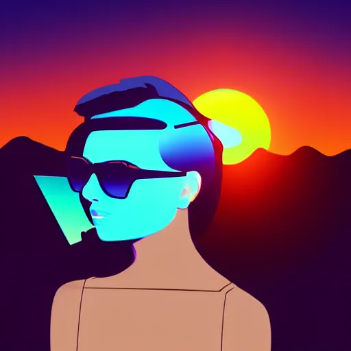 Prompt: a woman with light blue shutter shades in front of a sunset, a dark brown leather jacket, one side brown haircut with blue ends, vector art by jan tengnagel, pixabay contest winner, retrofuturism, retrowave, synthwave, outrun, portrait,