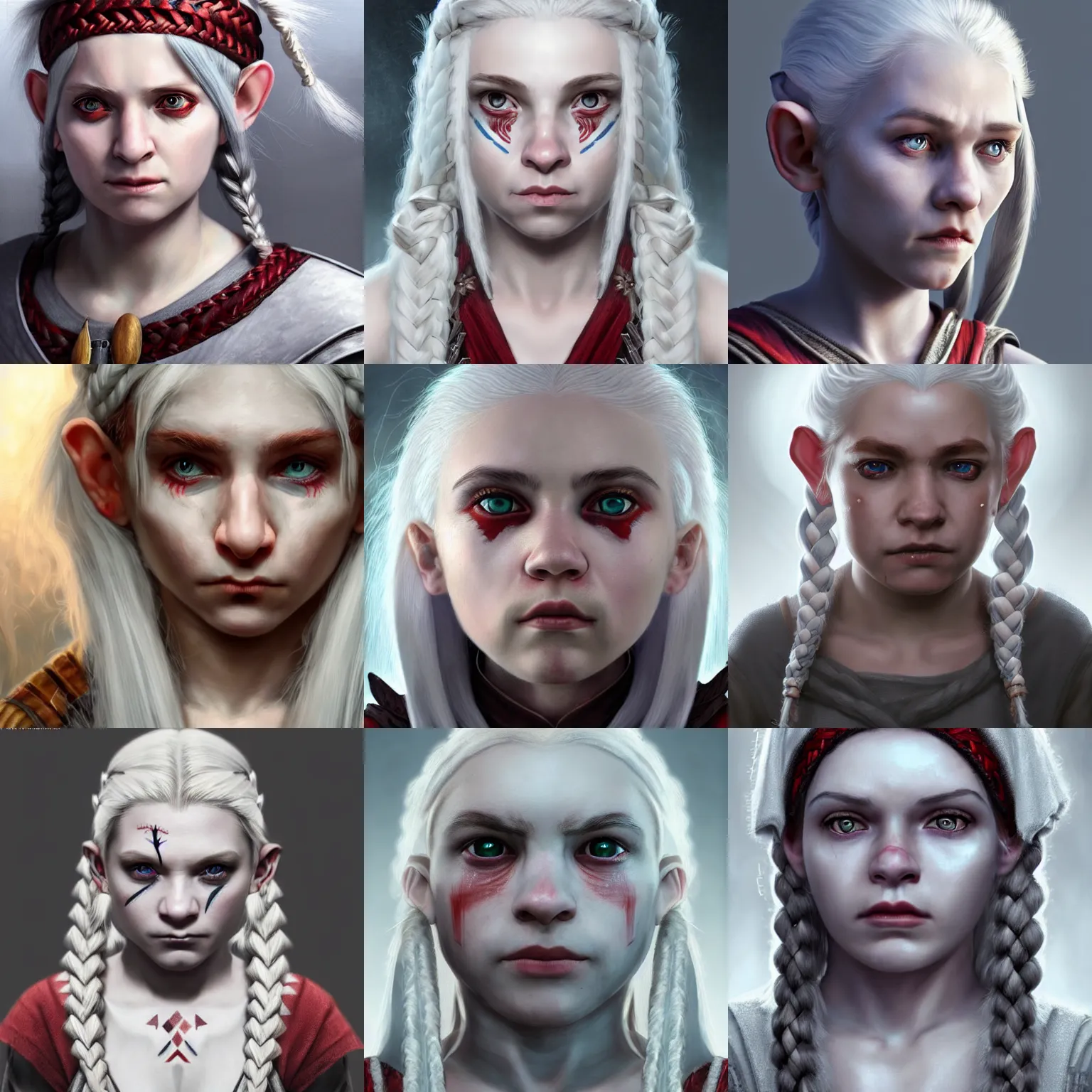 Prompt: realistic portrait of a young female halfling with white - hair!!! and a grey cloak, strange geometric facial - tattoos!!!!!!!!!!!, pale - white skin, red iris, long braided hair, haunted sad expression, artstation, cinematic lighting, hyper - detailed 8 k