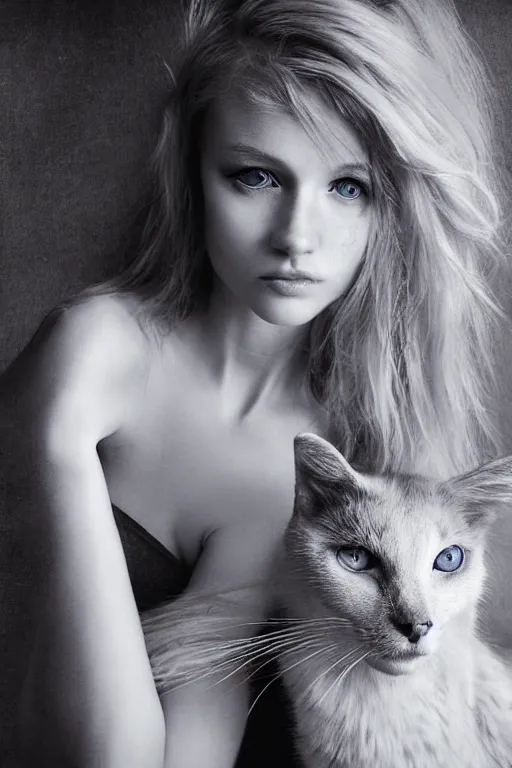 Image similar to photo realistic portrait of a blonde hair blue eyed teenage girl, sharp jawline seductive pose, Teary-eyed, makeup with a cat's companion on her side. Photography portrait by Paolo Roversi