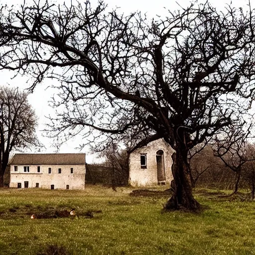 Prompt: a girl in a white cotton dress stands outside a decaying georgian farmhouse. an apple tree. red apples. folk. gothic. thomas hardy aesthetic