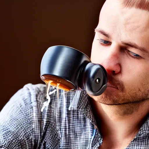 Image similar to a man drinking coffee except his eyes are missing