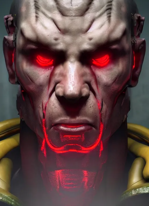 Image similar to cyberpunk portrait of muscular demon from doom 3, au naturel, hyper detailed, digital art, trending in artstation, cinematic lighting, studio quality, smooth render, unreal engine 5 rendered, octane rendered, art style by pixar dreamworks warner bros disney red dead redemption far cry doom cyberpunk 2 0 7 7 riot games and overwatch.