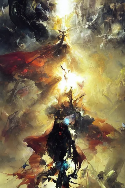Prompt: we are the superheroes of the new world order, we are omnipotent, the legion of light! we are the overseers, the death of the sun, fire and flame, we are one!, by ryohei hase, by john berkey, by jakub rozalski, by john martin