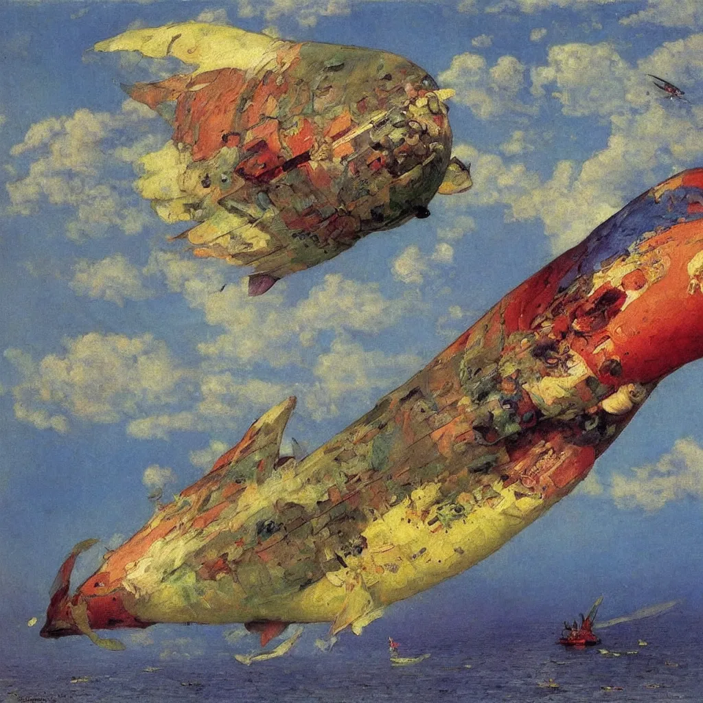 Image similar to a huge colorful flying zepplin shaped like a fish, from below, 1905, colorful highly detailed oil on canvas, by Ilya Repin