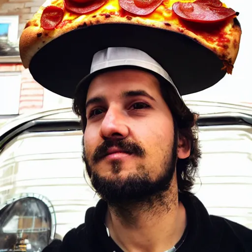 Image similar to a man wearing a pizza as hat