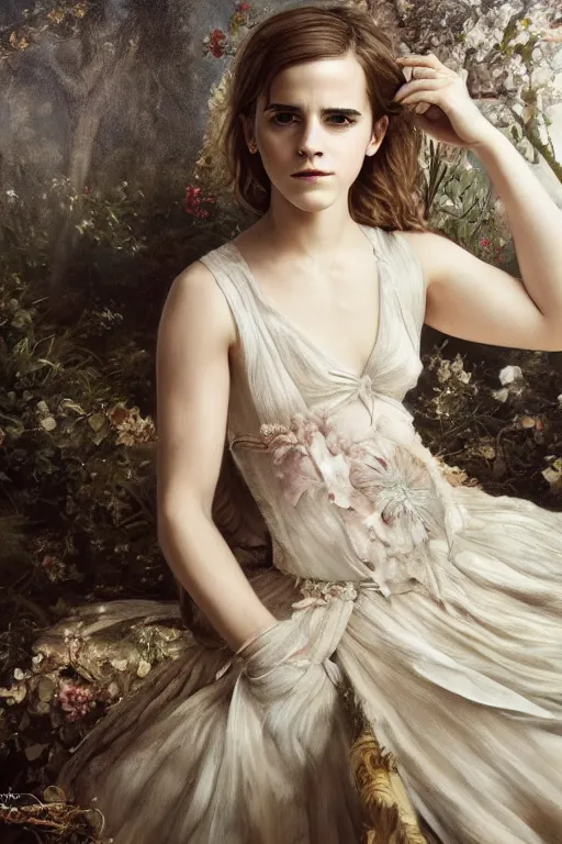 Prompt: Emma Watson as a nymph, full body, oil on canvas, intricate, portrait, 8k highly professionally detailed, HDR, CGsociety