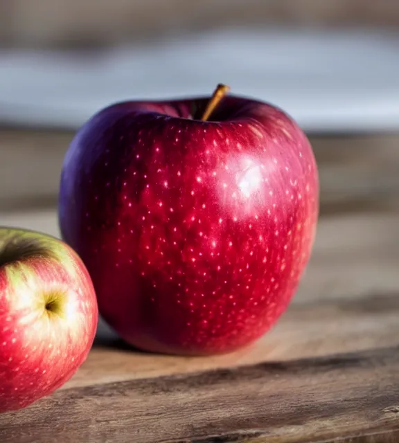 Image similar to a 4 k photorealistic photo of an apple on a sunny table