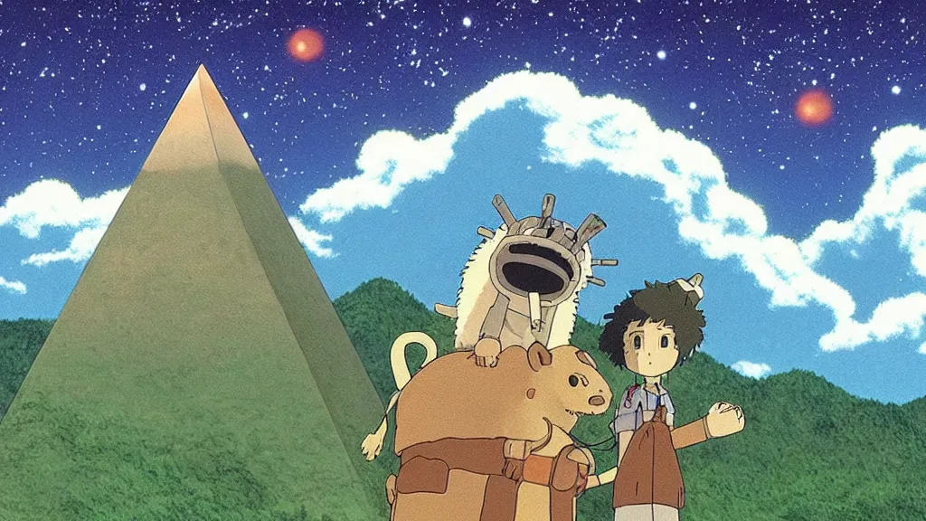 Prompt: a movie still from a studio ghibli film showing a lovecraftian alpaca from howl's moving castle ( 2 0 0 4 ). a pyramid is under construction in the background, in the rainforest on a misty and starry night. a ufo is in the sky. by studio ghibli