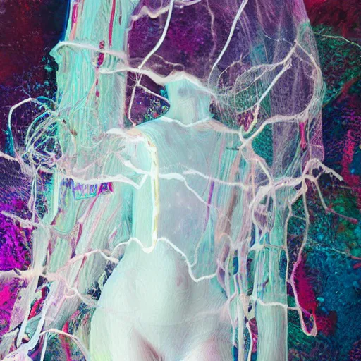 Prompt: glitch art humanoid floating in a white liminal space, long shot photography, detailed hyperrealistic concept art illustration, smeared acrylic paint