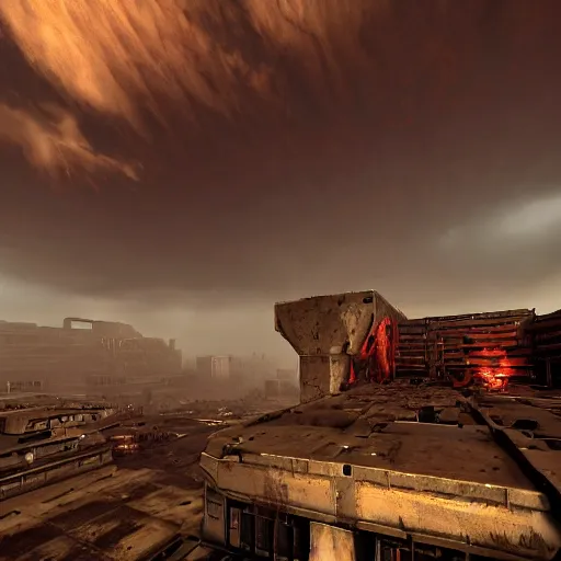 Image similar to a Doom level, from the 1993 PC game Doom: Knee Deep in the Dead, brutalist architecture, stunning volumetric light, sunset, metal, concrete and translucent material, stunning skies, majestic landscape, trending on Artstation, 8k, photorealistic, hyper detailed, unreal engine 5, IMAX quality, cinematic, epic lighting, in the style of Greg Rutkowski