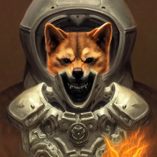 Image similar to skull demigod black armor, anthropomorphic shiba inu, shiba inu face, demigod, stuning 3 d render, masterpiece, glowing aura, by donato giancola and greg rutkowski and wayne barlow and zdzisław beksinski, realistic face