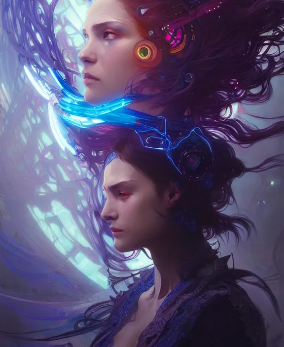 Prompt: a whirlwind of souls rushing inside a cyberpunk metaverse, half body, blue glowin eyes, d d, fantasy, intricate, elegant, highly detailed, colorful, vivid color, digital painting, artstation, concept art, art by artgerm and greg rutkowski and alphonse mucha and ruan jia