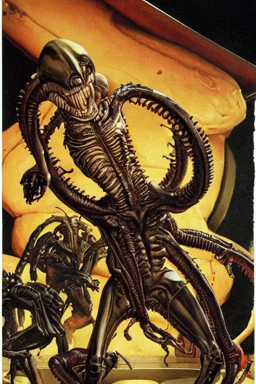 Image similar to alien xenomorph eating a cheeseburger, painted by norman rockwell