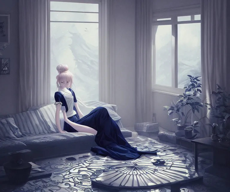 Image similar to japanese living room by charlie bowater and anna dittmann and artgerm and clemens ascher, intricate, elegant, white and navy blue, highly detailed, dramatic lighting, sharp focus, octane render, trending on artstation, artstationhd, artstationhq, unreal engine, 4 k, 8 k