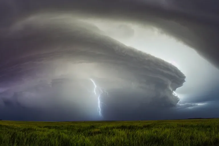 Prompt: a photo of a supercell thunderstorm, serene environment, illuminated from various angles by the setting sun, cinematic