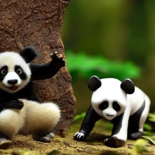 Prompt: stop motion dynosaurus fighting a panda in the forest