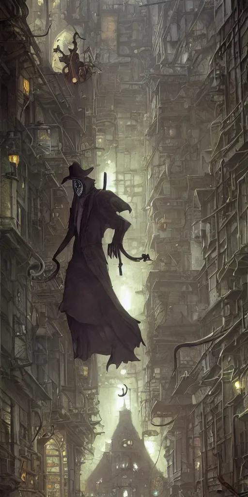 Image similar to a plague doctor and a humanoid rat in a sewer city, stephen bliss, unreal engine, fantasy art by greg rutkowski, loish, rhads, ferdinand knab, makoto shinkai and lois van baarle, ilya kuvshinov, rossdraws, tom bagshaw, alphonse mucha, global illumination, radiant light, detailed and intricate environment