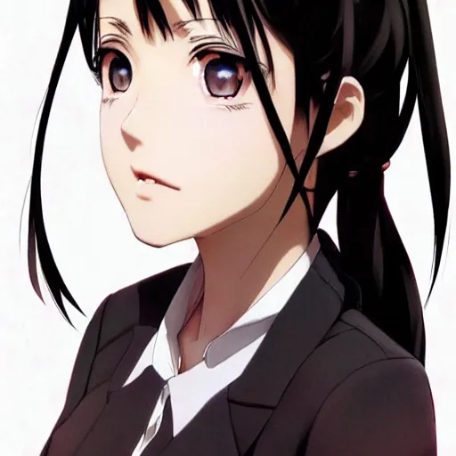 Image similar to astonishing portrait of a very beautiful anime high-school girl with black hair ponytail, white ribbon, full perfect face, realistic, highly detailed background, artstation, 120 degree view, drawn by Sasoura, Satchely and Akihiko Yoshida, no distortion