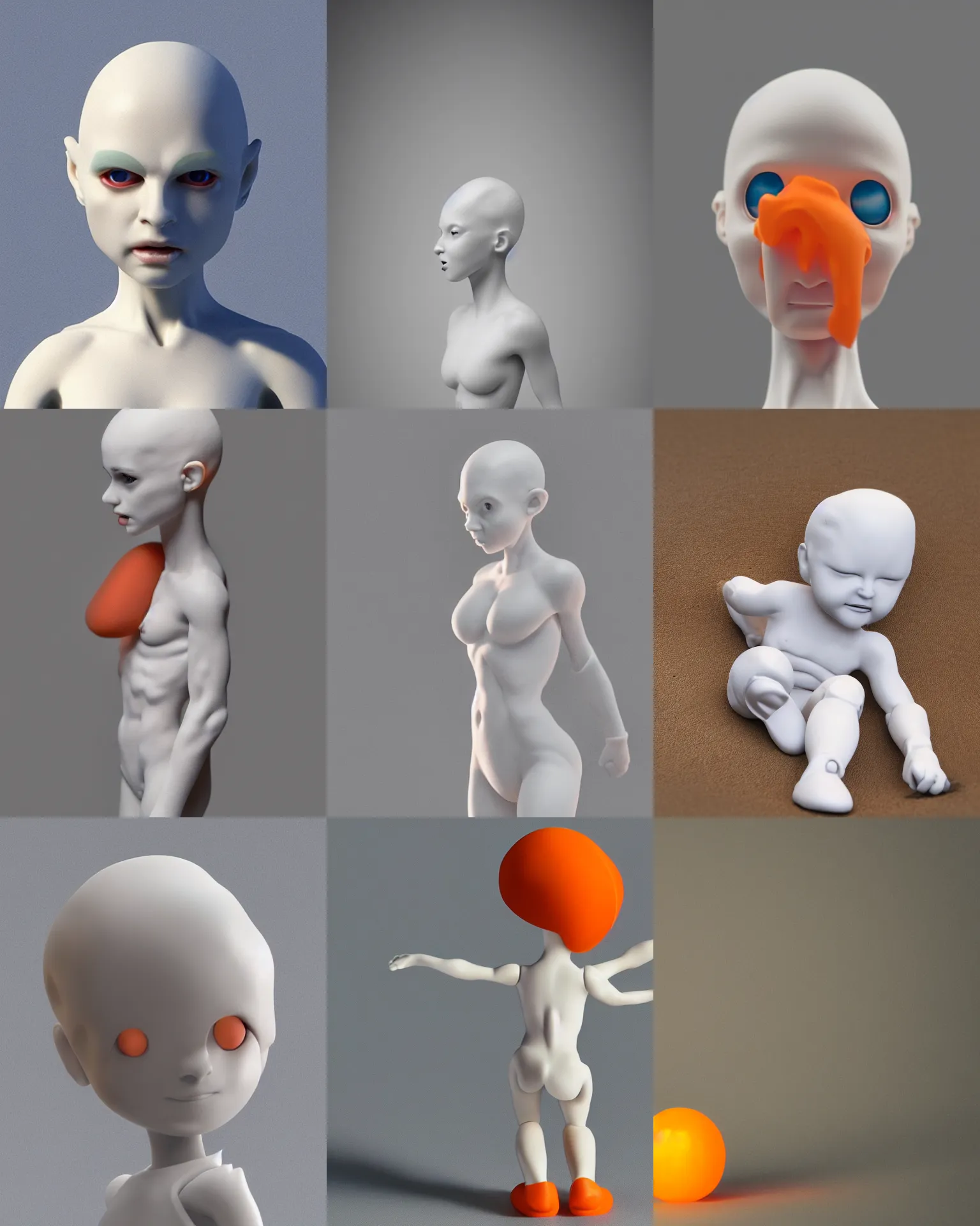 Prompt: a photo of a white toy figurine made from resin, headless, pillhead, pale head, bald, smooth skin, even surface, minimalistic, octane rendering, ambient lighting, orange subsurface scattering
