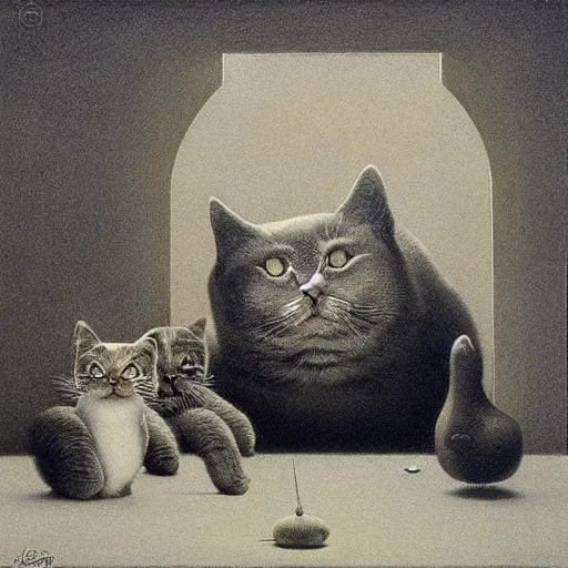 Image similar to cats having a party by zdzisław beksiński