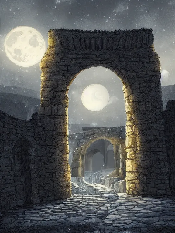 Image similar to beautiful digital detailed illustration painting of a stone archway in the moonlight game of thrones city