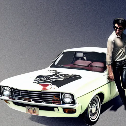 Image similar to elvis leaning on a vintage ford capri. film still. 4 k hd image, trending on artstation, featured on behance, well rendered, extra crisp, features intricate detail, epic composition and the style of quintin tarantino.