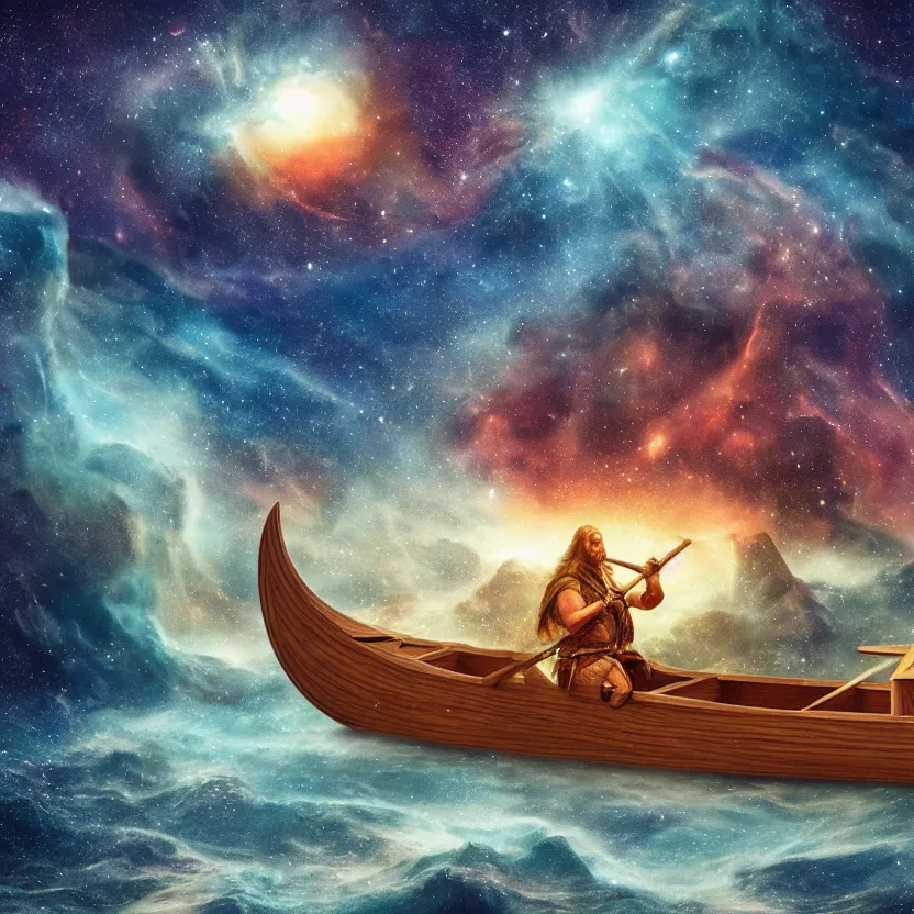 Prompt: a medieval viking longboat rowing through an ocean that is a nebula, several supernovae in the background, stellar explosions spewing streams of gas into space