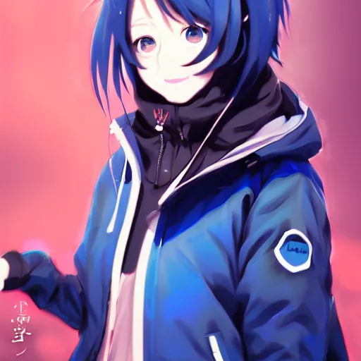 Image similar to ene from mekakucity actors, wearing blue jacket, cool color palette, digital art by aramaki shinji, by artgerm, by cushart krenz, by wlop, colorful, insanely detailed and intricate, hypermaximalist, elegant, ornate, hyper realistic, super detailed