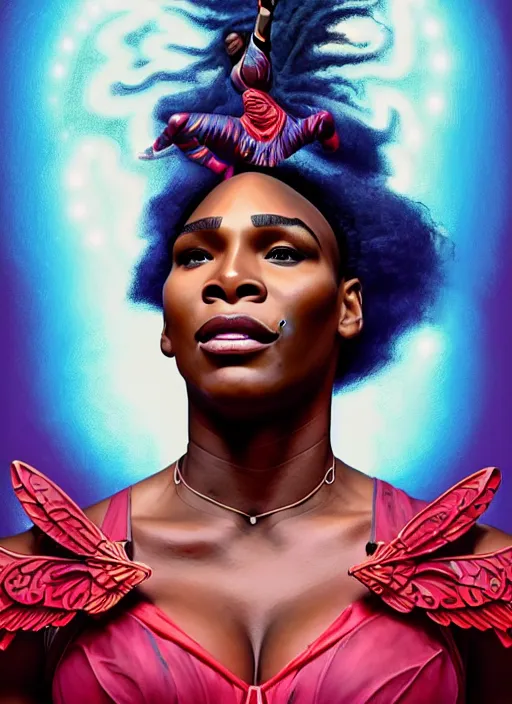 Image similar to serena williams as nike godess of victory, wings, wax figure, glowing eyes, volumetric lights, red and cyan theme, art nouveau botanicals, intricate, highly detailed, digital painting, artstation, concept art, smooth, sharp focus, cinematic, illustration, beautiful face, art by artgerm and greg rutkowski and alphonse mucha