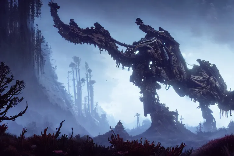 Image similar to wide epic shot from horizon forbidden west. a hyper detailed organic mechanic creatuve realistic similar look as horizon forbidden west horizon zero dawn, bioluminiscence in a dark deep forest at dawn in spring, with reflection and textures, by kilian eng, substance painter reaslitic mech surface metal painted scratches, world env from horizon forbidden west horizon zero dawn