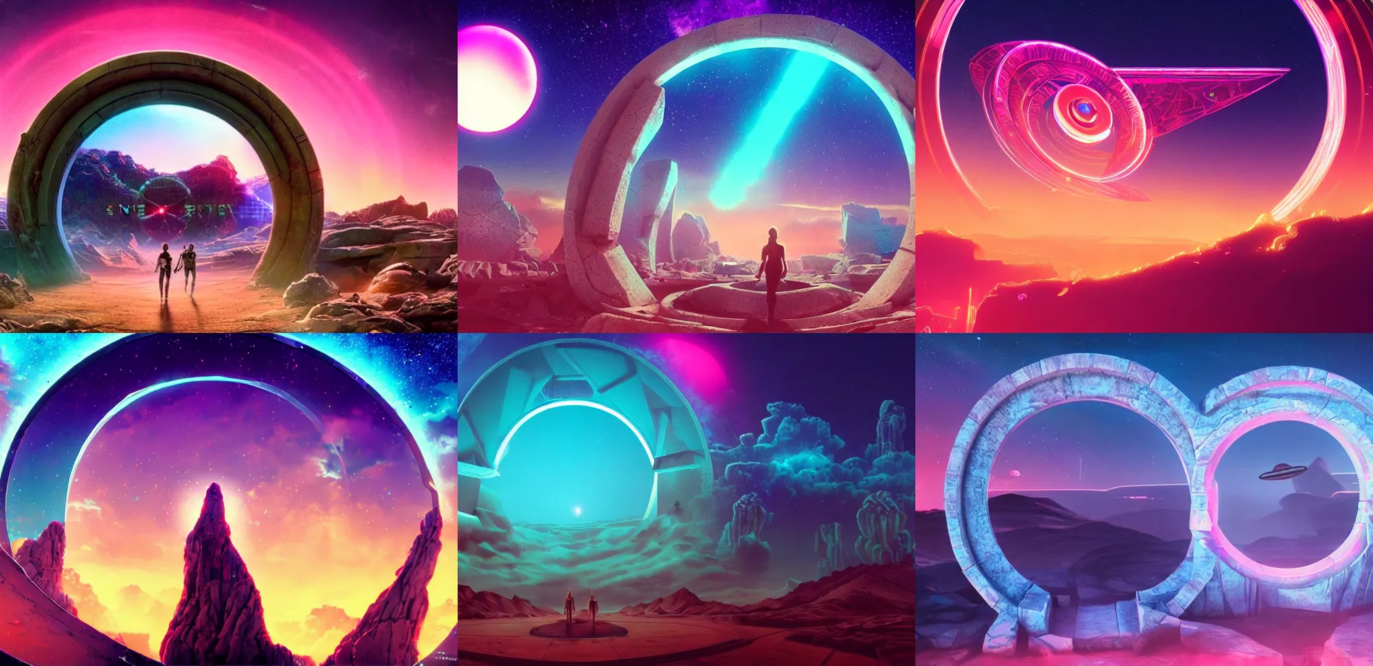 Prompt: synthwave stargate made of stone that form a circle, portal to another planet, cinematic view, epic sky, highly detailed vaporwave