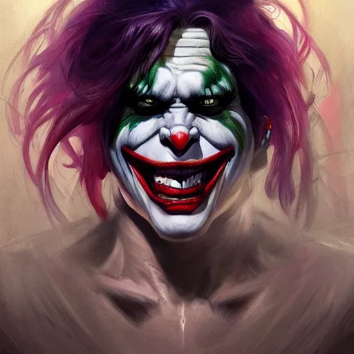 Image similar to portrait of michelle phan as the joker as a hulking herculean demon orc bugbear clown, godlike, upper body, fantasy, intricate, elegant, highly detailed, digital painting, artstation, concept art, sharp focus, illustration, art by artgerm and greg rutkowski and alphonse mucha