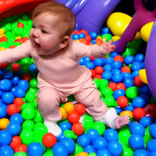 Prompt: infant riding on the back of a pig in a ball pit