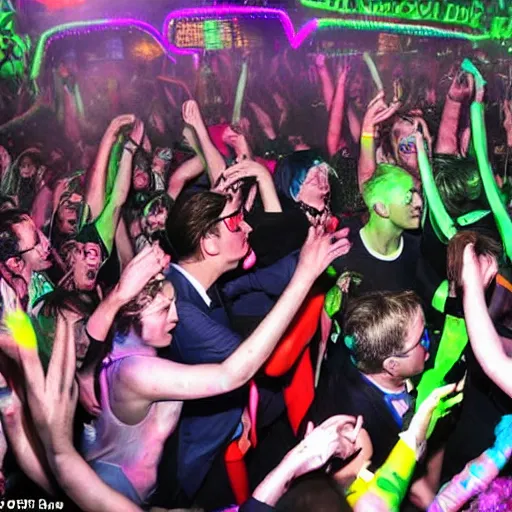 Image similar to jacob rees - mogg at a rave surrounded by dayglo ravers, dramatic angle