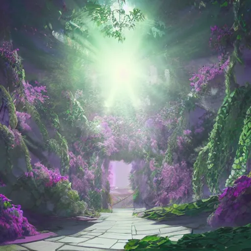 Prompt: paradise with a christian cross as the light is shining at the end of the tunnel, with pale purple and pale pink lighting, cute, aesthetic, anime, with a few vines and overgrowth, studio ghibli, cinematic, painting, high definition, digital art, symmetrical, very detailed, extremely high detail, photo realistic, concept art, unreal engine 5,