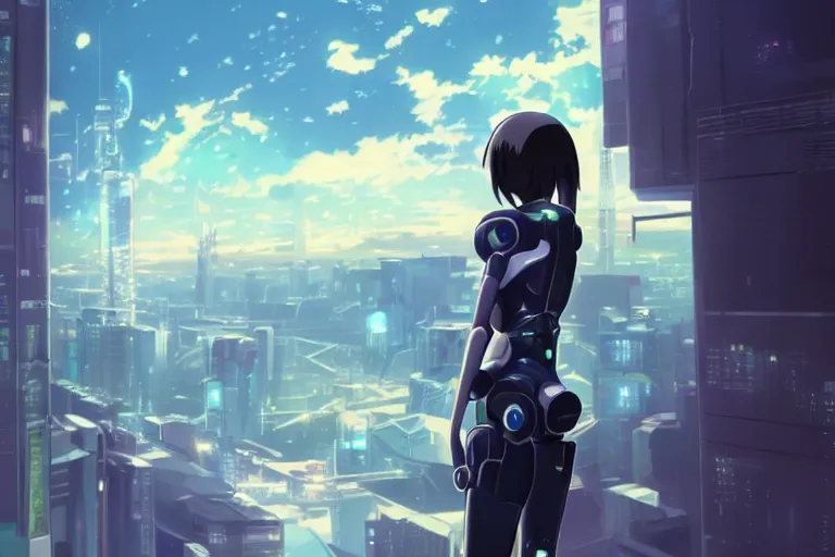 Prompt: makoto shinkai. robotic android girl. futuristic cyberpunk. dystopia. vibrant nebula sky. full andorid body.