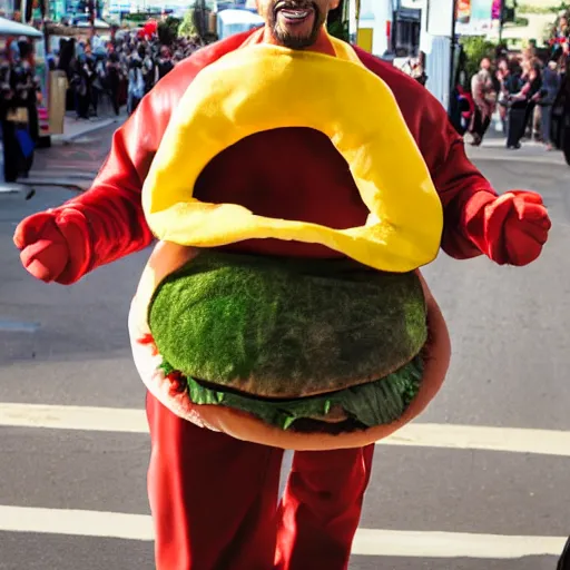Prompt: will smith, wearing a costume that looks like a burger, photograph, dancing, burger costume, 4 k