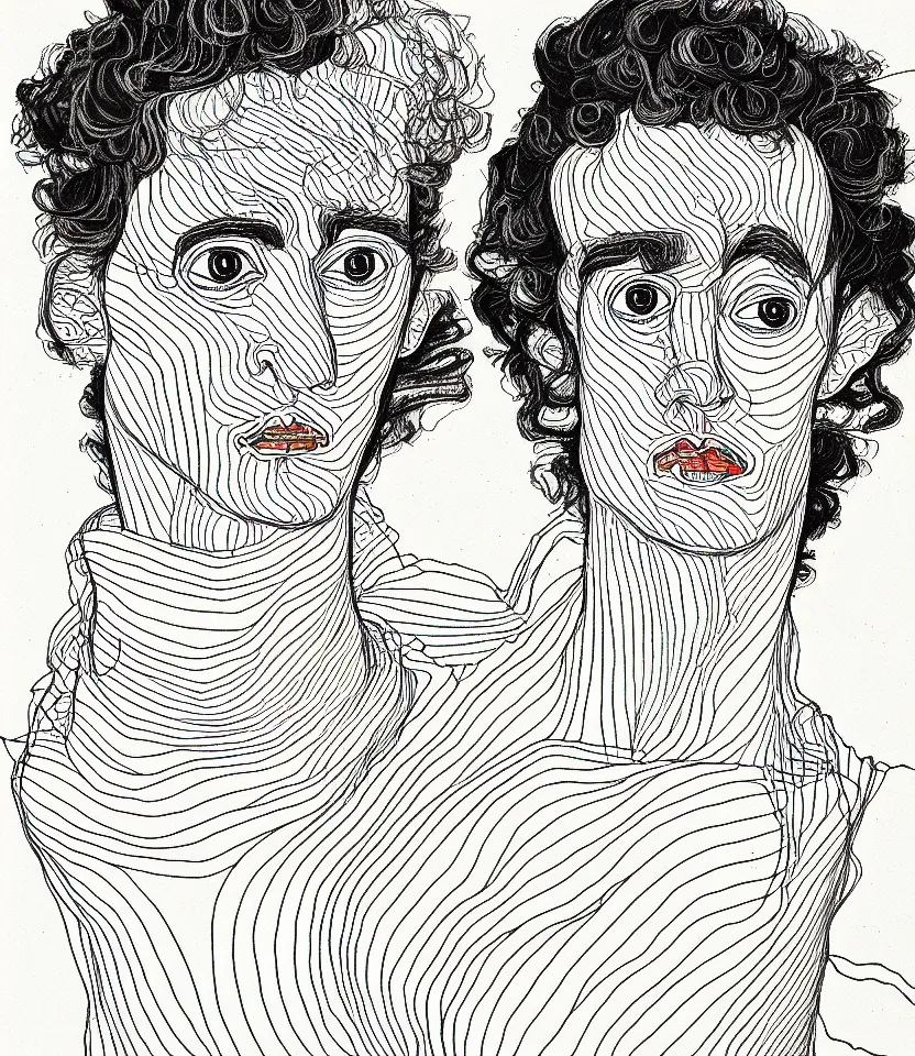 Image similar to detailed line art portrait of paul gaughin, inspired by egon schiele. caricatural, minimalist, bold contour lines, musicality, soft twirls curls and curves, confident personality, raw emotion