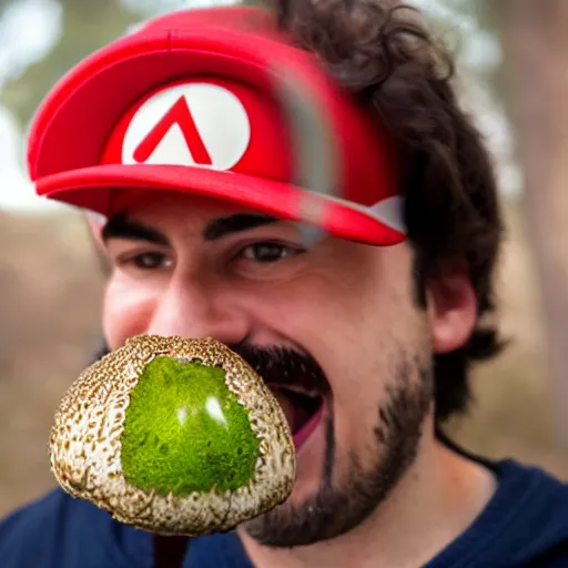 Image similar to photo of real life mario finding a giant amanita muscaria, exhilarated, portrait, closeup. mouth open, 3 0 mm, bokeh