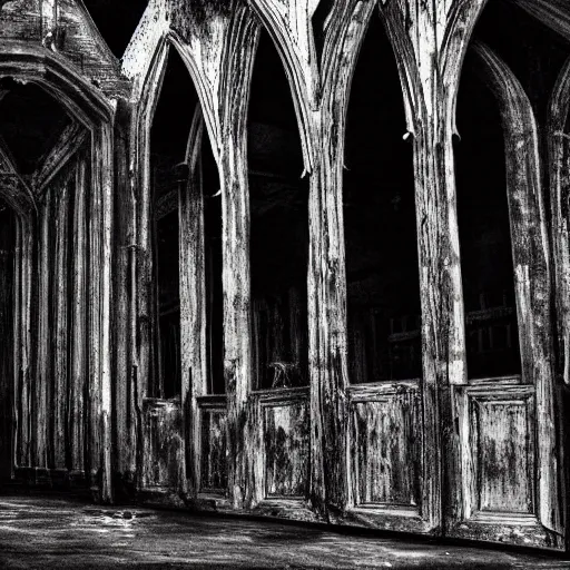 Prompt: picture of a complex disgusting creature, as in movies by david cronenberg, southern gothic, inside of an old wooden church in louisiana, dark and intricate photograph