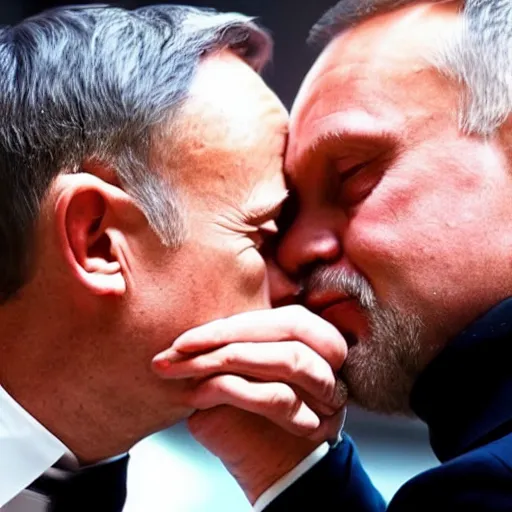 Prompt: a wedding photo of Donald Tusk and Jaroslaw Kaczynski kissing each other, high quality