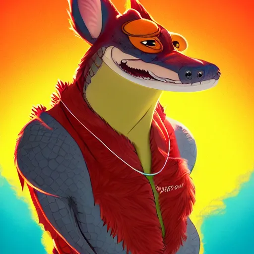 Image similar to in the style of artgerm, loish and ross tran, anthropomorphic alligator, red scales on his back, yellow scale on his belly and chest, male, waring a hawaiian shirt, in the style of zootopia