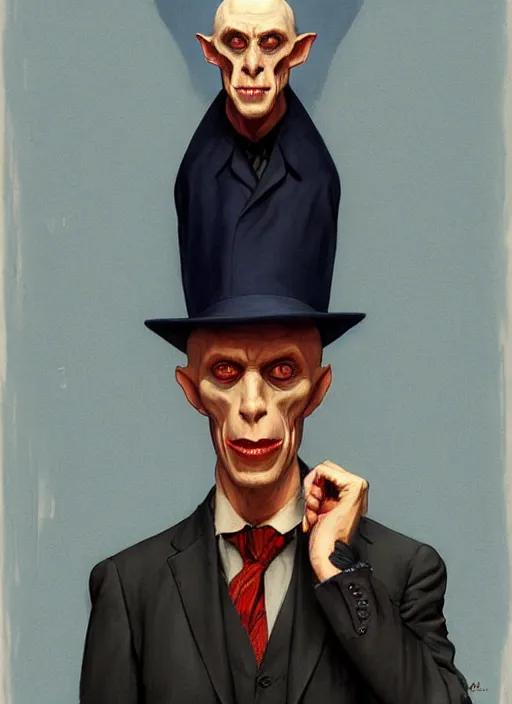 Prompt: upper body portrait of blue-faced nosferatu in a suit, by leyendecker and norman rockwell, photoreal, character concept art, artstation