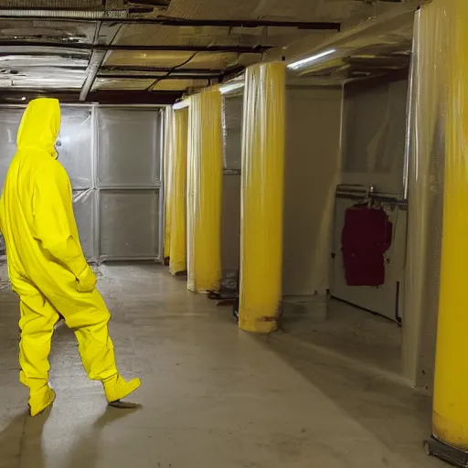 Prompt: a man wearing a yellow hazmat suit inside the backrooms, liminal space, flickering fluorescent lights, eerie mood