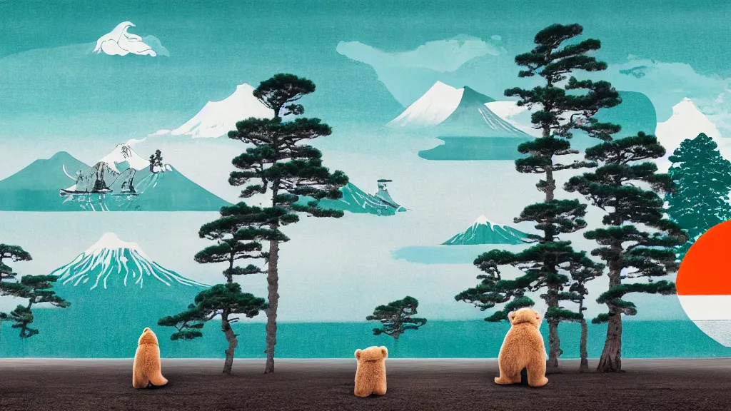 Image similar to seaside landscape with sequoia trees and a bear, japan, a collage painting, in the style of wes anderson, lola dupre, david hockney, isolated on negative white space background dark monochrome neon spraypaint accents volumetric octane render