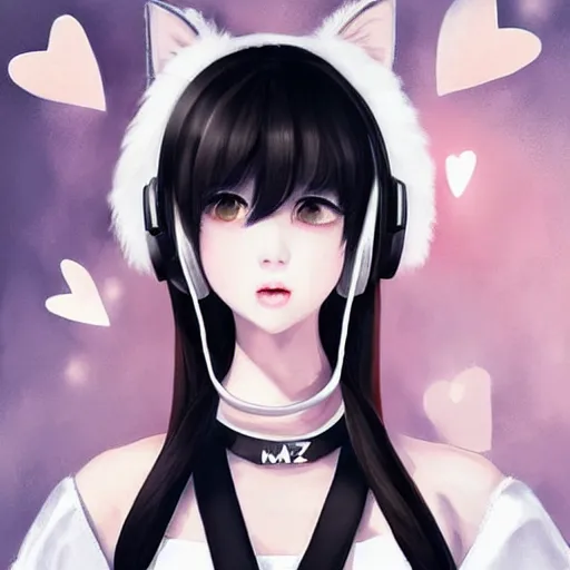 Image similar to realistic beautiful gorgeous natural cute Blackpink Lalisa Manoban black hair fur black cat ears, wearing white camisole summer outfit, headphones, black leather choker artwork drawn full HD 4K highest quality in artstyle by professional artists WLOP, Aztodio, Taejune Kim, Guweiz on Pixiv Instagram Artstation