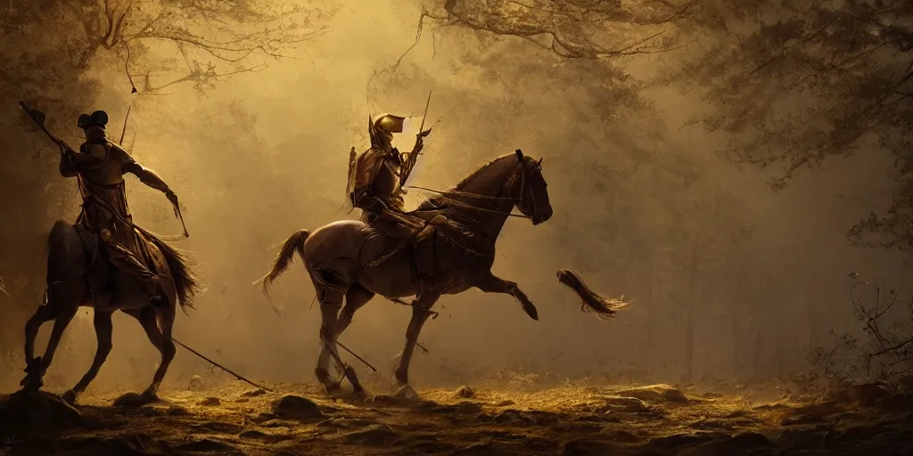 Image similar to headless soldier in gold mughal armor riding a horse in a dark forest, cinematic composition, a fantasy digital painting by Greg Rutkowski and James Gurney, trending on Artstation, highly detailed, hyperrealistic, realistic, photorealistic, dynamic lighting, highly detailed, cinematic landscape, studio landscape, studio lighting