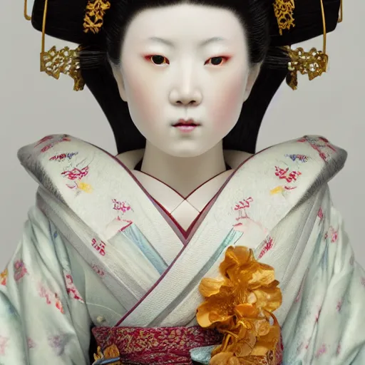 Image similar to portrait of a geisha porcelain doll kintsugi, fractal, intricate, elegant, highly detailed, digital photography, subsurface scattering, by jheronimus bosch and james jean and greg rutkowski,